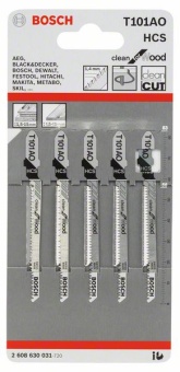 2608630031 Пильное полотно Bosch / БОШ CLEAN for Wood / пилка для лобзика по дереву чистый криволинейный пропил (T 101 AO) упаковка 5 шт 